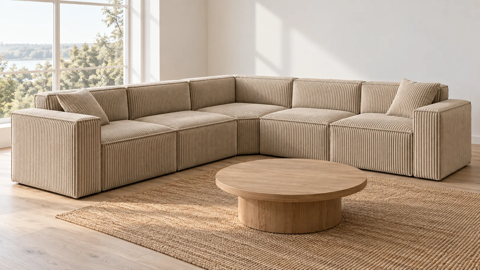Oat corduroy corner sofa in a bright family living room