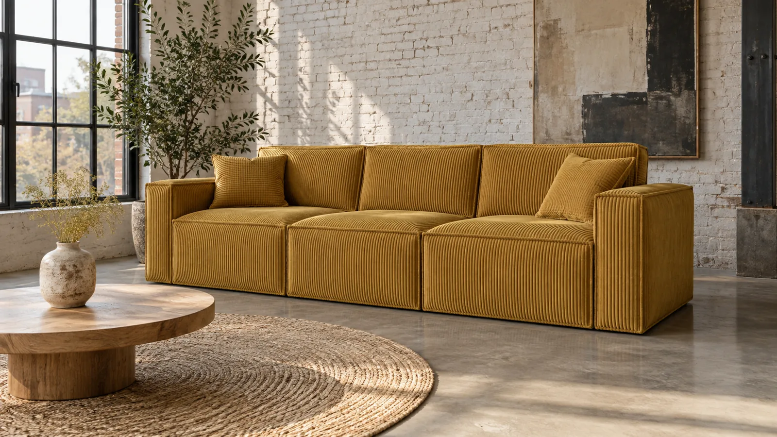 Mustard corduroy sofa in a warehouse apartment