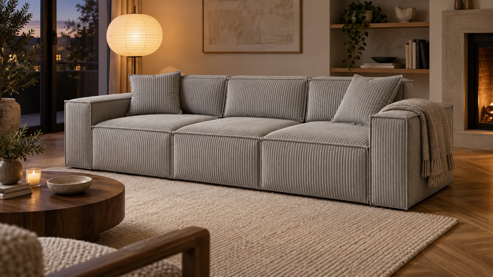 Stone grey corduroy sofa in a family living room at night