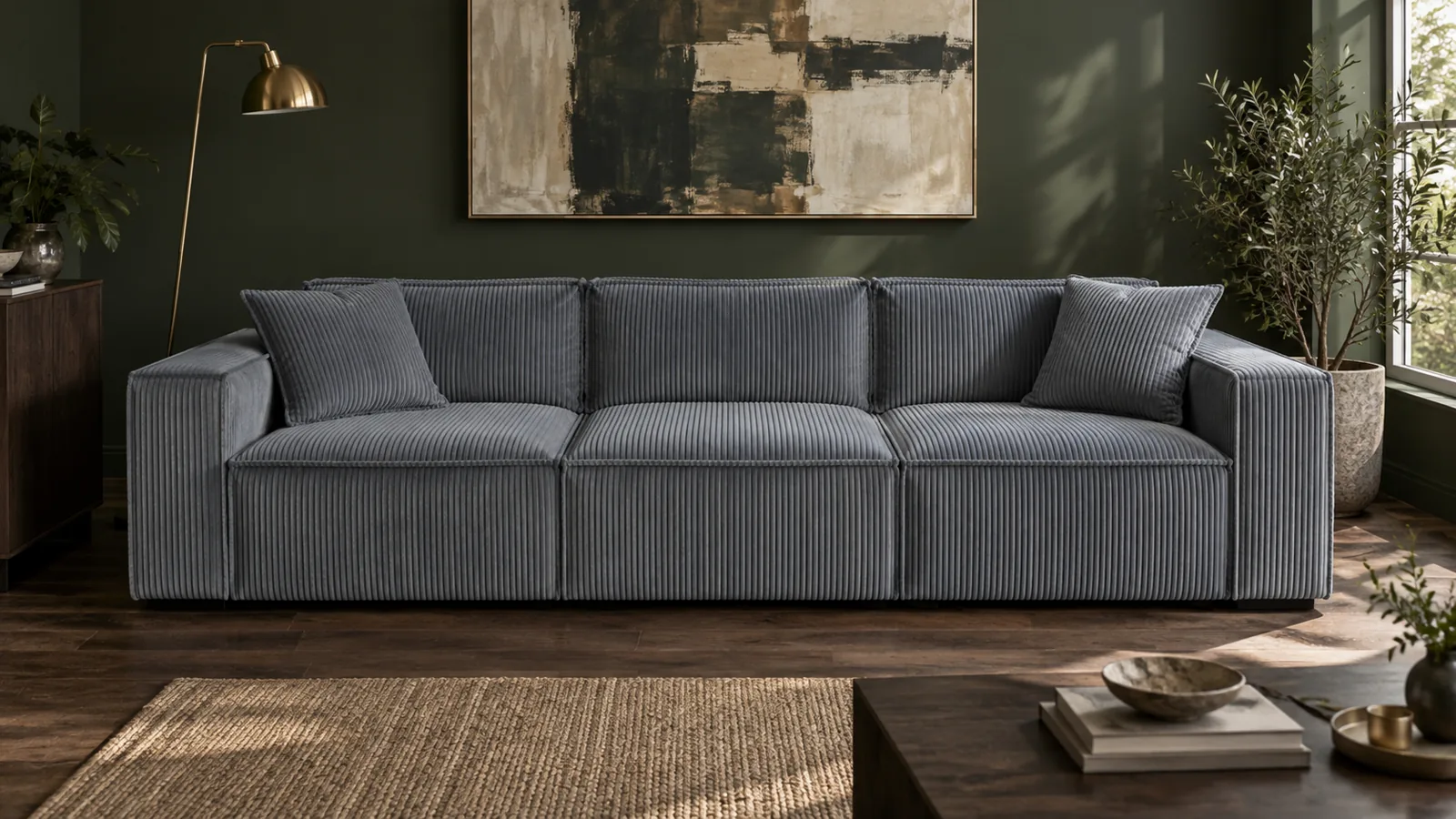 Steel blue-grey corduroy sofa against a green wall