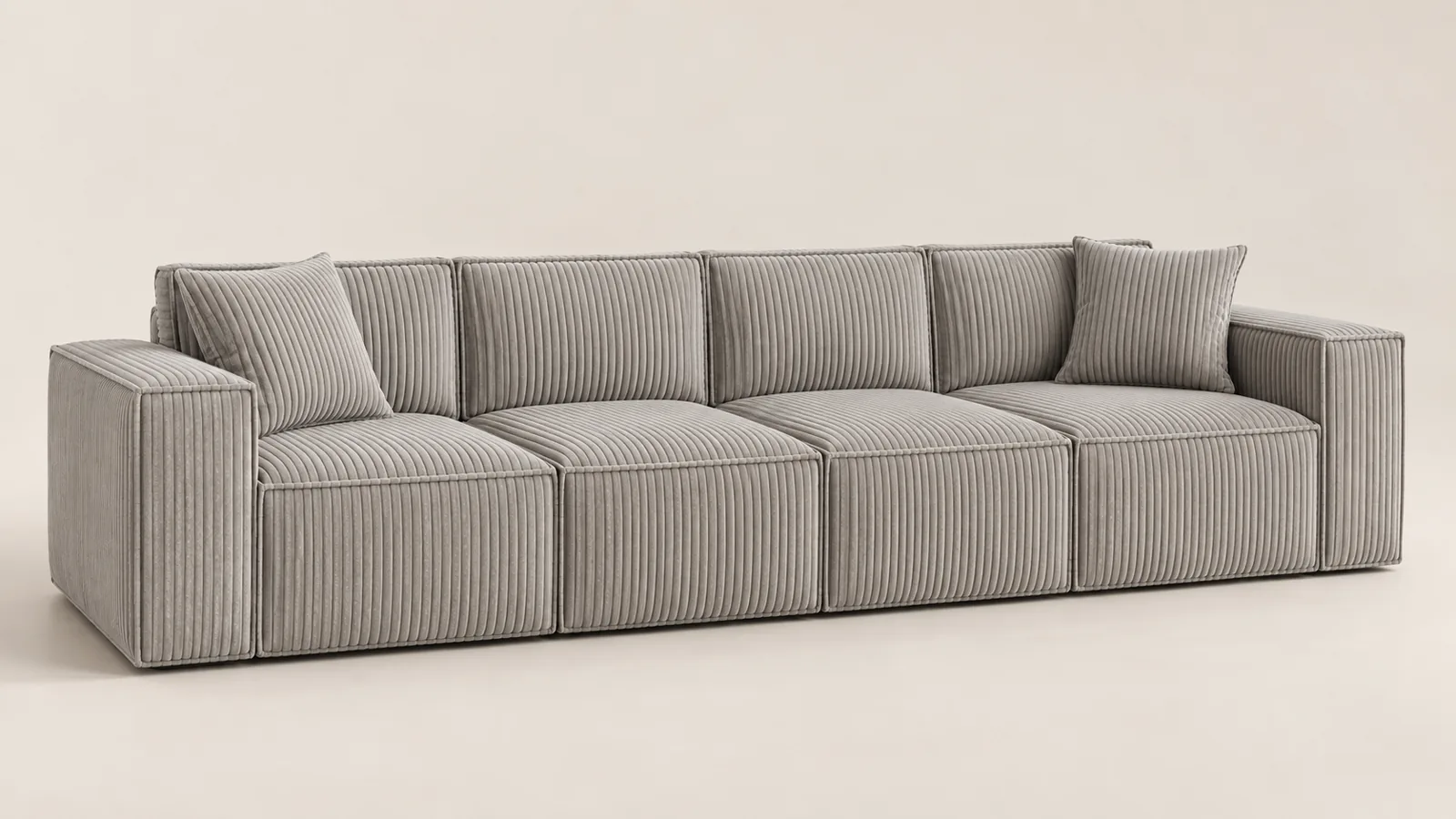 Three-metre stone grey corduroy sofa with four seats