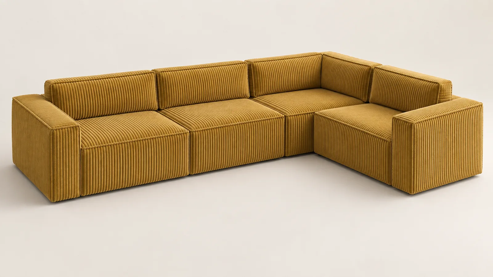 Mustard corduroy L-shaped corner sofa seen from above