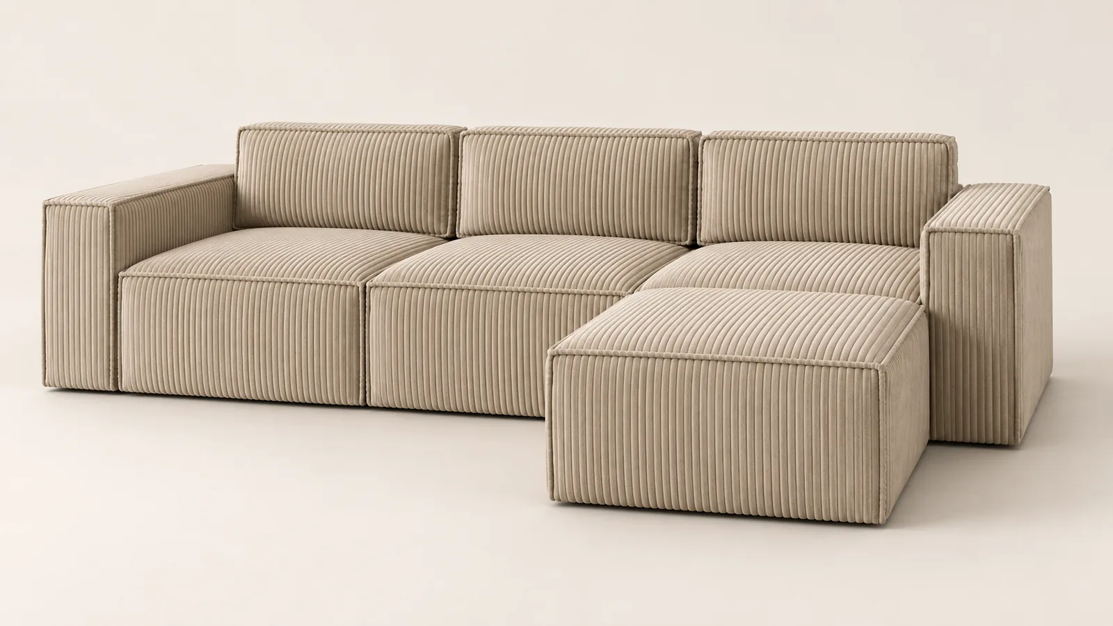 Oat corduroy sofa with a pouf forming a chaise